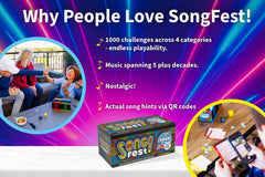 SongFest family game night photo illustrating 2-12 players having fun.