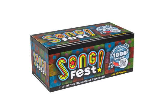 SongFest game setup image showing the box and components for family trivia night.