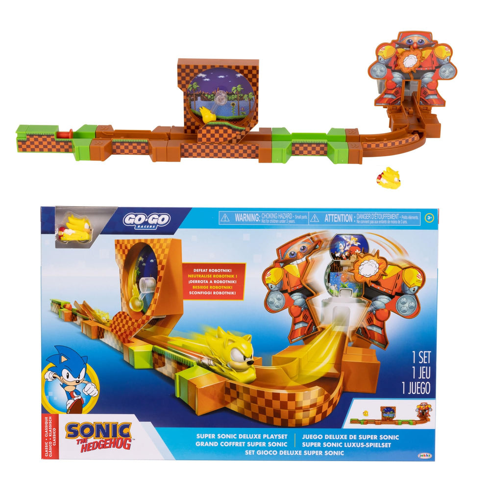 Sonic Go Go Racers Deluxe Playset launches through the Green Hill loop for fast imaginative play.