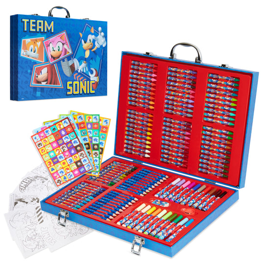 Sonic The Hedgehog art set open in travel case with colorful tools for kids