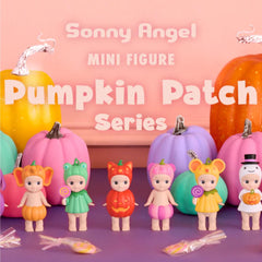 Sonny Angel Pumpkin Patch cat figure with colorful pumpkin costume, adds charm on shelves.