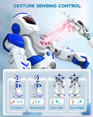 SONOMO RC robot blue and white, side view showing compact, desk-friendly size.