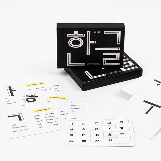 Soodacrew Korean alphabet flashcards for beginners practicing Hangul.
