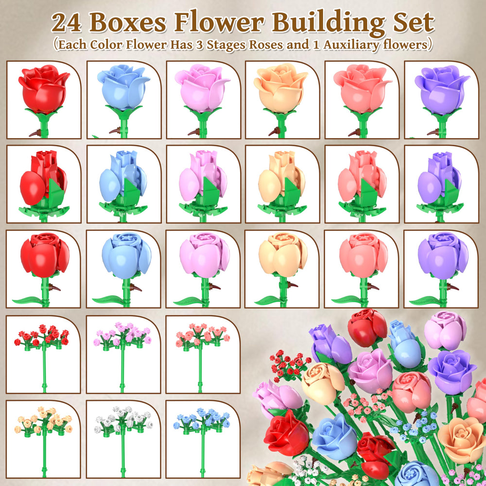 Sopu Colorful Rose Bouquet assembly parts laid out, enabling flexible, creative builds.