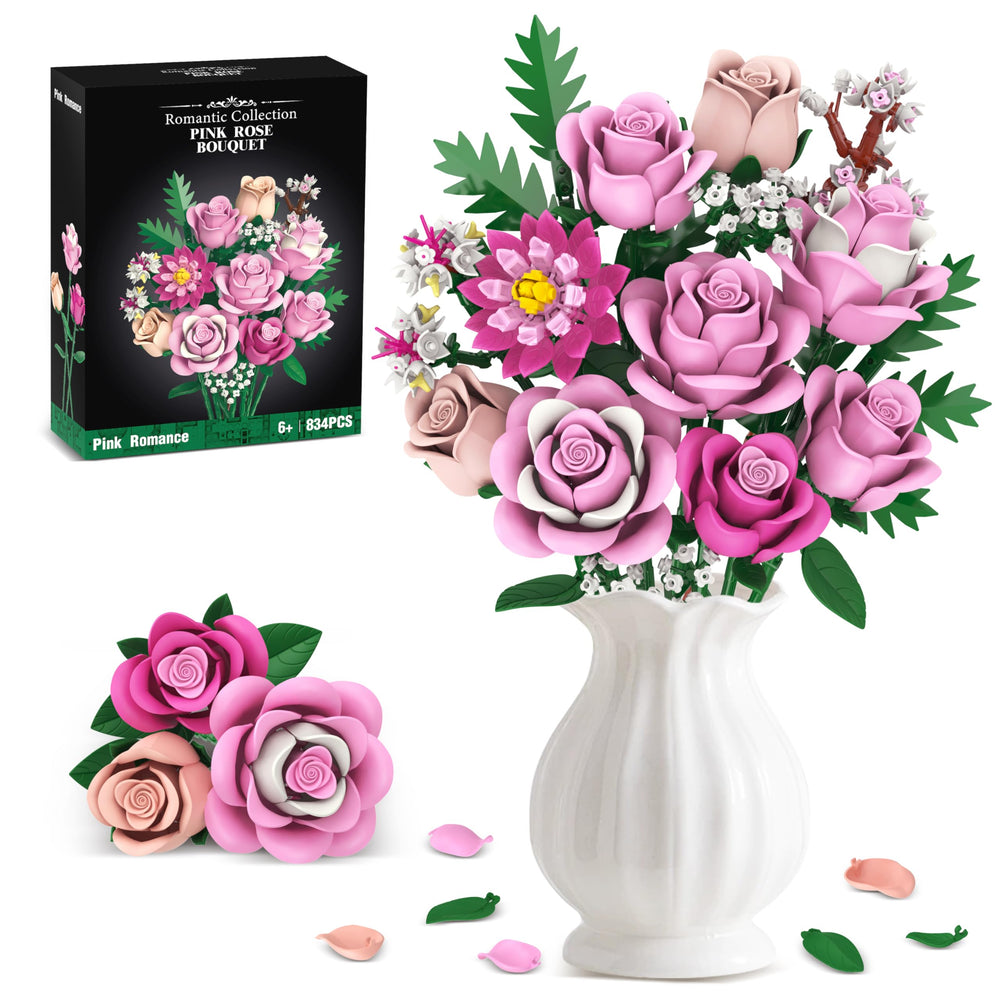 Sopu pink rose bouquet building set with realistic petals for adult hobbyists.
