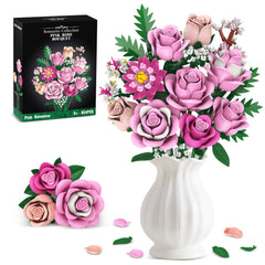 Sopu pink rose bouquet building set with realistic petals for adult hobbyists.