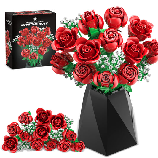 Sopu red rose bouquet building set close-up of 16-piece assembly for table decor