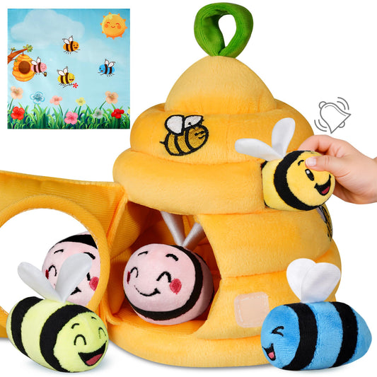 Sortnic beehive with plush bees for sensory play and discovery.