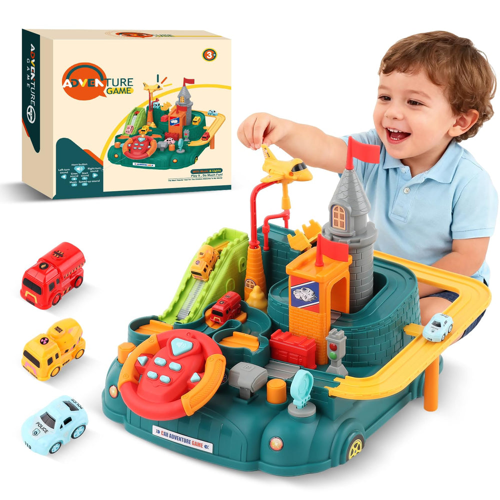 SOSUSHOE toddler car track with interactive buttons boosts fine motor skills during play