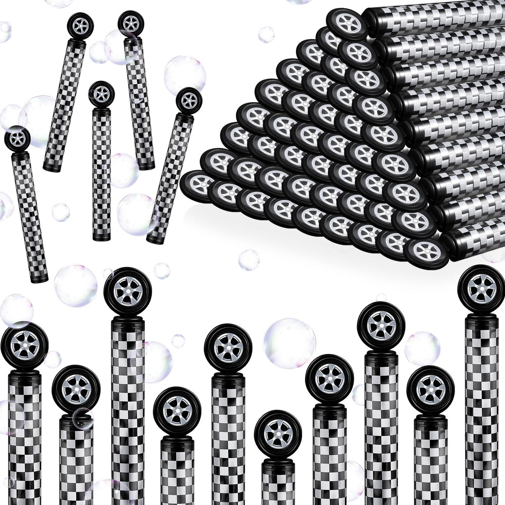 Soulchen racecar bubble wand with checkered design, ideal as party favors.