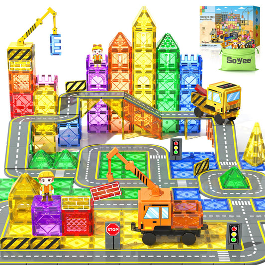 Soyee 102 PCS magnetic tiles for creative construction play and collaboration.