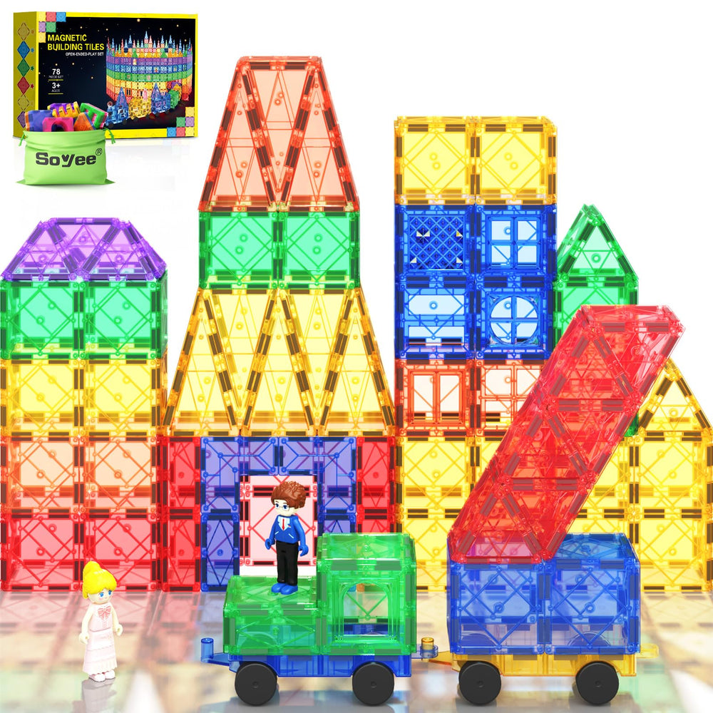 Soyee magnetic tiles with two cars, front view, promoting imaginative vehicle builds.