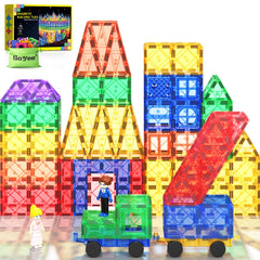 Soyee magnetic tiles with two cars, front view, promoting imaginative vehicle builds.