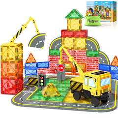 Soyee magnetic tiles crane truck play scene showcasing creative construction ideas
