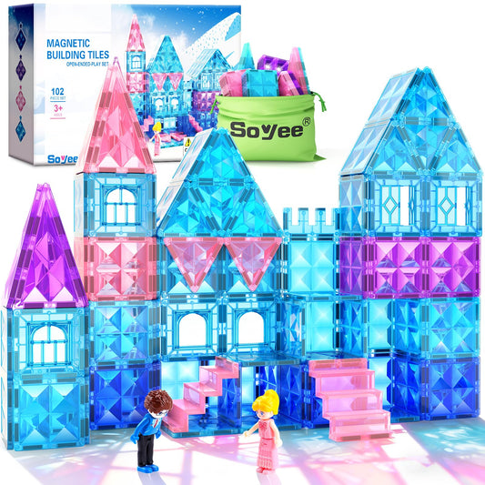 Soyee magnetic tiles ice castle dolls showcase a vivid winter kingdom for imaginative play.