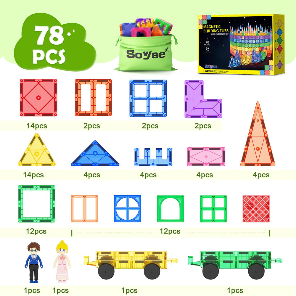 Soyee vehicles in motion with magnetic tiles encouraging hands-on STEM play.