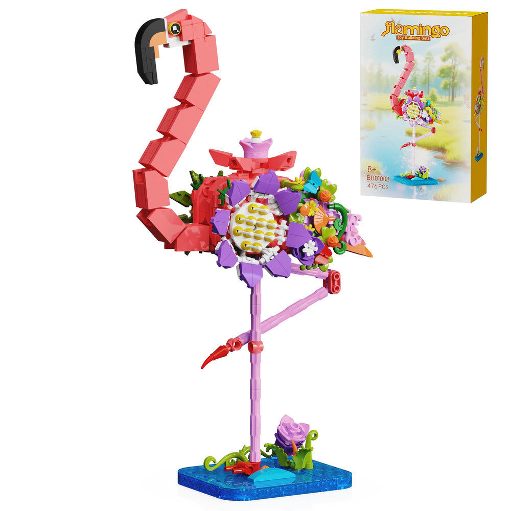 Spaciolo pink flamingo bouquet building set, vibrant display for desks and shelves.
