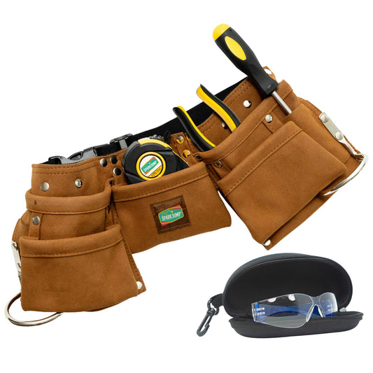 SparkJump Kids Brown Tool Belt close-up shows sturdy leather for hands-on play.