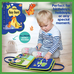 SparkleMe Busy Board buttoning page showing fine motor practice for travel.