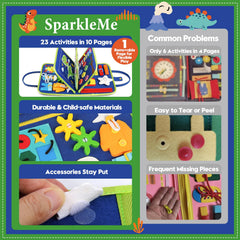 SparkleMe Busy Board telling time page supporting early cognitive skills during trips.