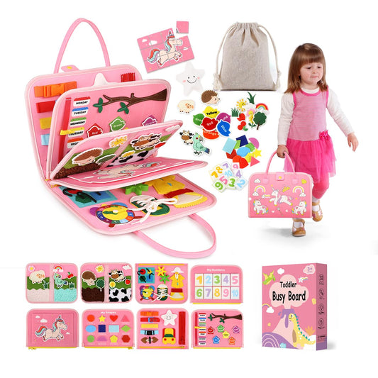 SparkleMe toddler busy board front cover featuring unicorn design for travel-friendly learning