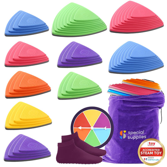 Special Supplies 10 stepping stones in bright colors for active play and coordination.