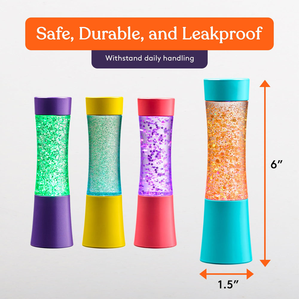 Special Supplies hourglass-motion tube gently falls glitter for relaxation.