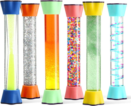Special Supplies liquid motion bubblers six-pack displayed together, vibrant colors ideal for desk relaxation.