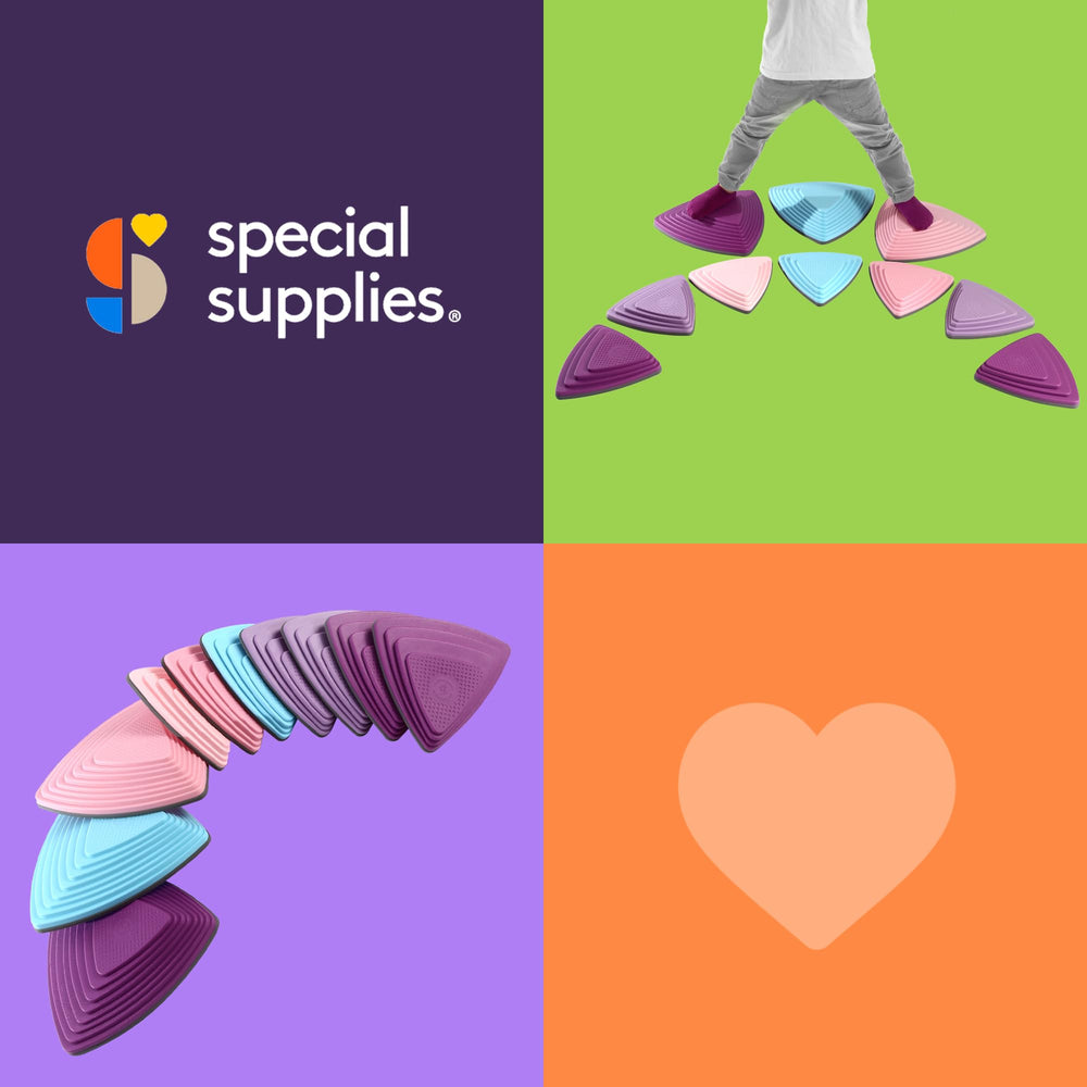 Colorful stepping stones support solo or group play at home.