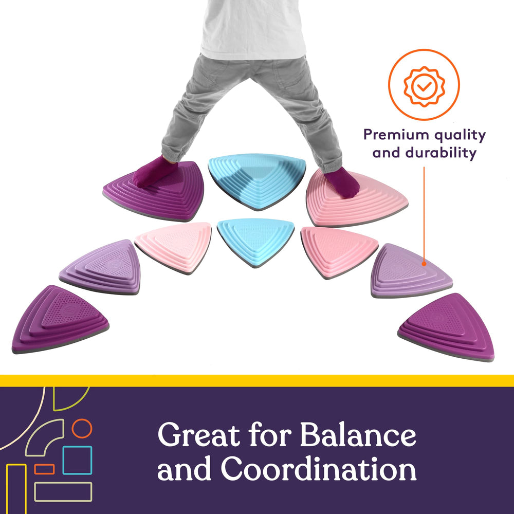 Stepping stones with varied heights to challenge growing balance skills.