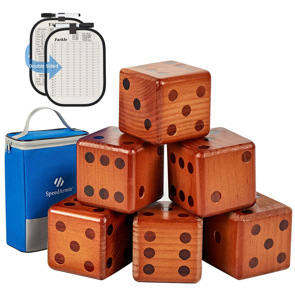 SpeedArmis giant wooden yard dice set on grass for outdoor family fun.