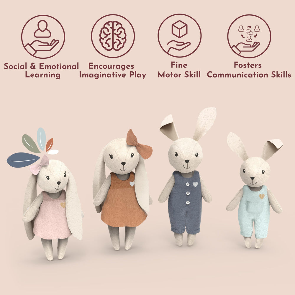 SPEEDY MONKEY rabbit family figurines displayed on pastel dollhouse shelf.