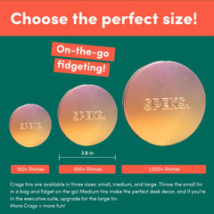 Speks Crags vibrant stones with a metal tin, a colorful desk toy for focus