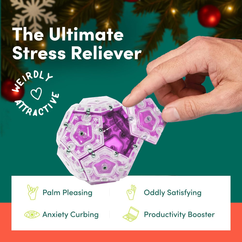 Speks Geode gel-filled stress ball magnets in action forming modular shapes.