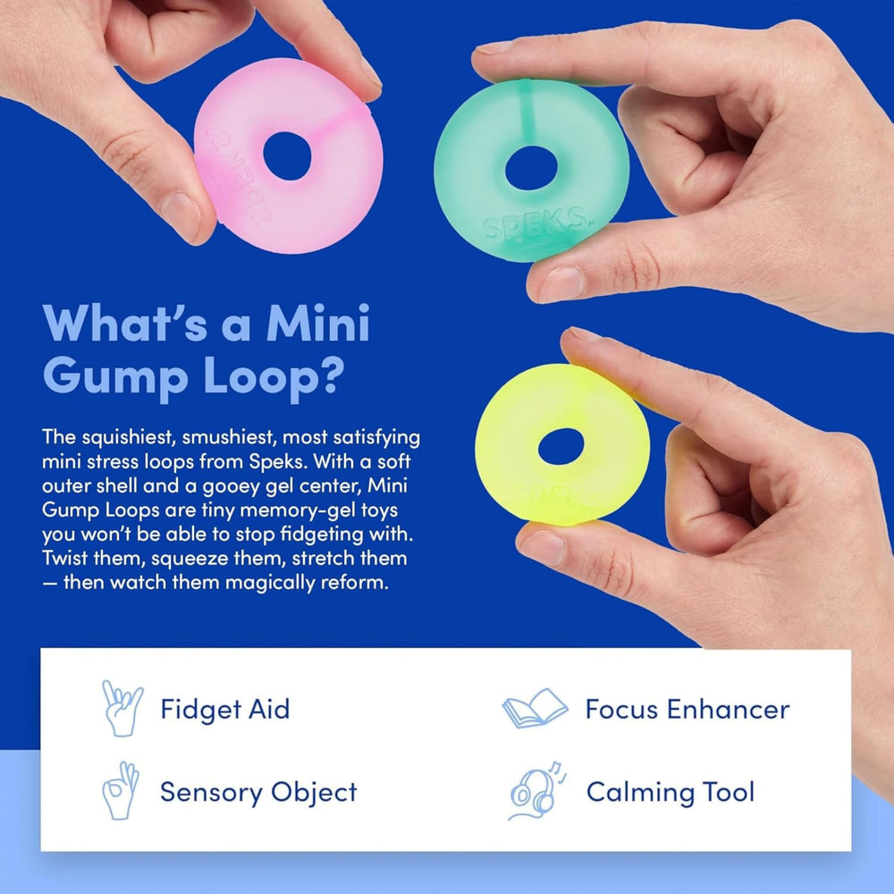 Speks Mini Gump Loop gel-filled stress balls in vibrant colors on desk
