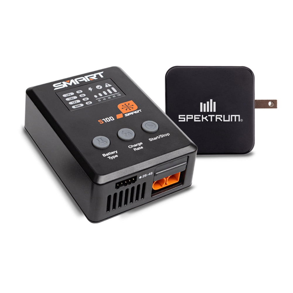 Spektrum S100 smart USB-C charger seen from above, compact and ready for safe charging