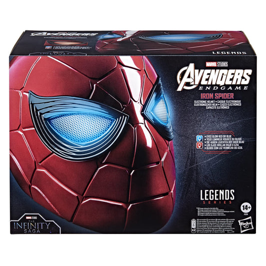 Spider-Man Iron Spider helmet front view with glow eyes for cosplay and display.