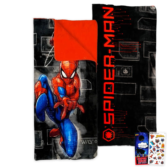 Spider-Man sleeping bag with bold red design, ideal for sleepovers