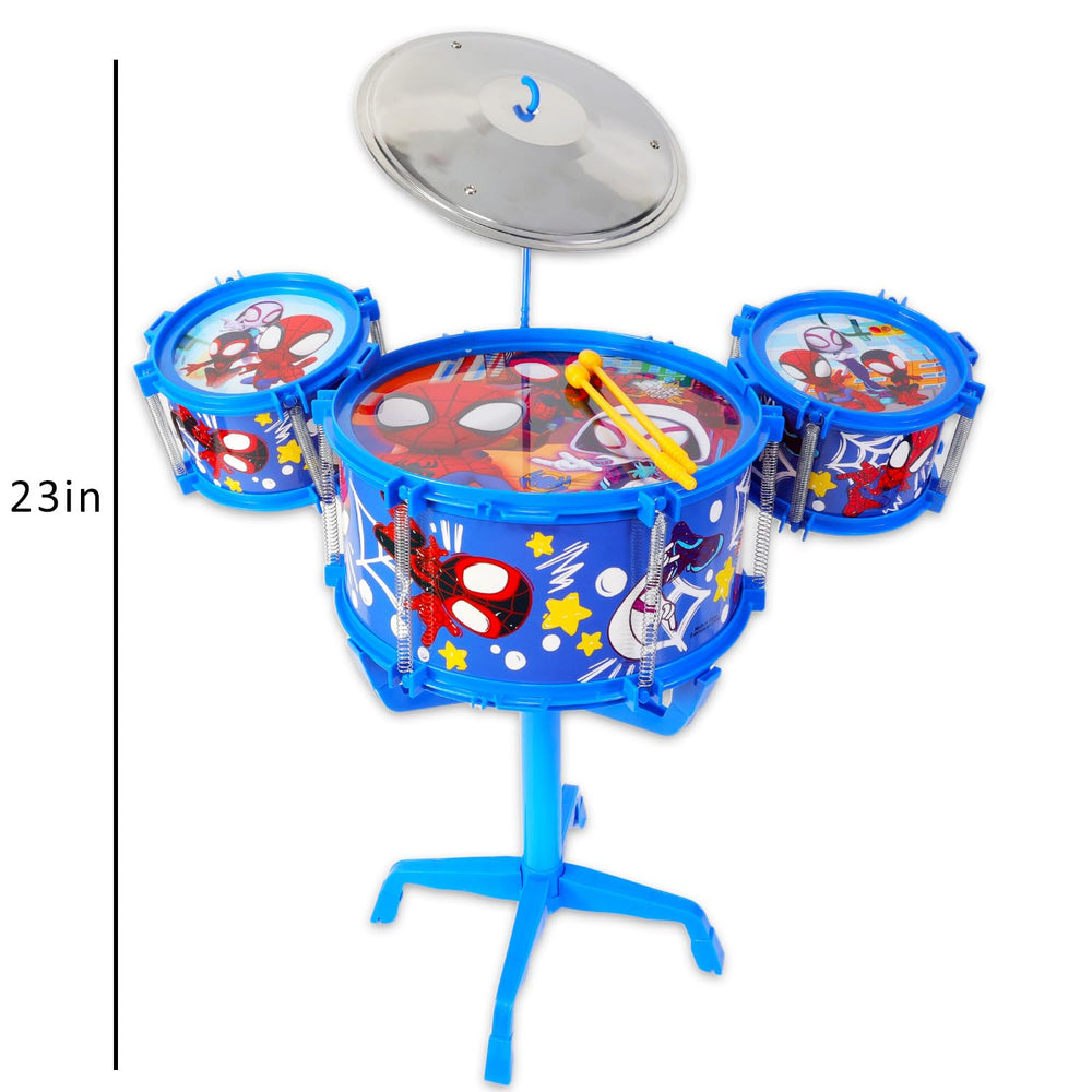 Spider-Man drum stand and sticks support easy, mess-free musical exploration.