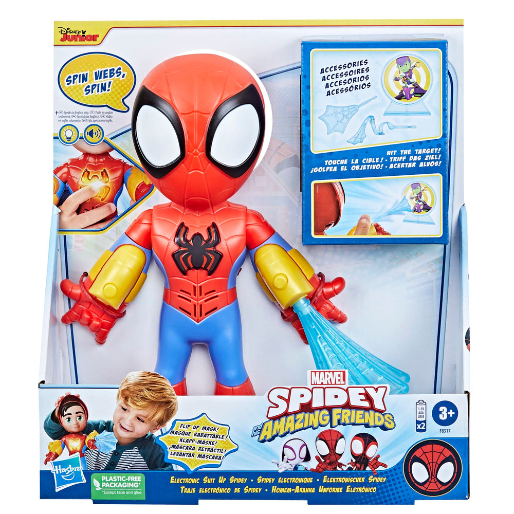 Spidey mask flips up to reveal Peter Parker face for kid role-play.