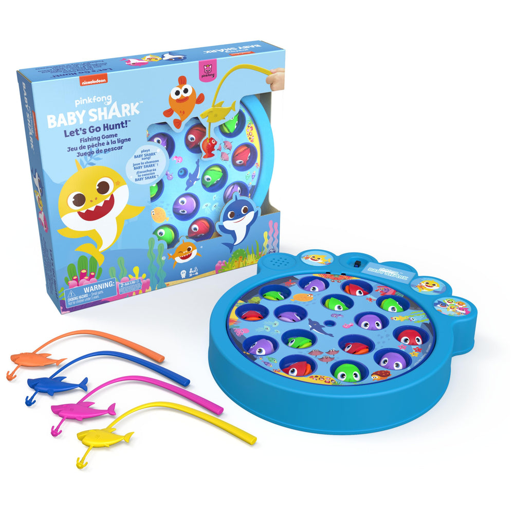 Spin Master Baby Shark Gone Fishing rod and fish pieces in bright colors aid quick grasp.