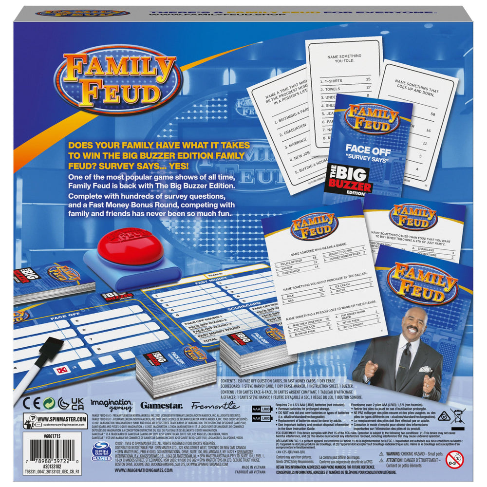 Spin Master Family Feud Big Buzzer question cards spark survey-style prompts