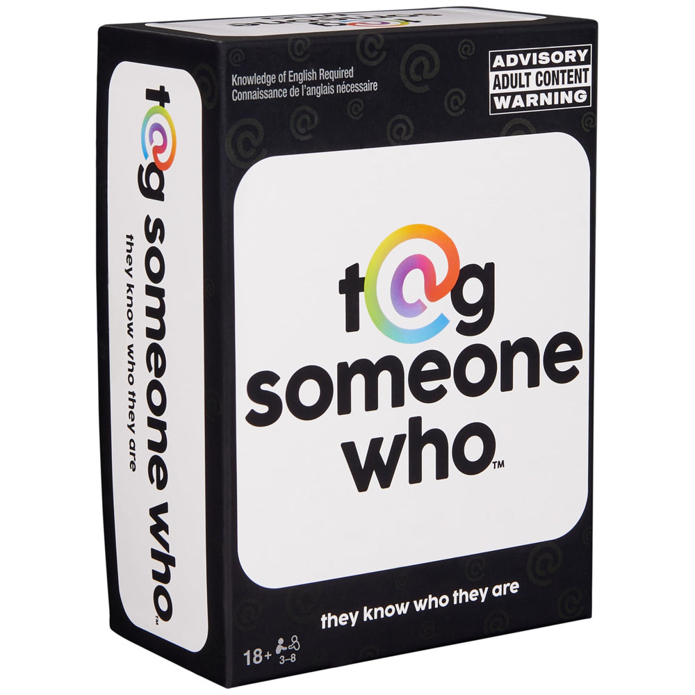 Spin Master Tag Someone Who meme cards invite group laughter during party night.