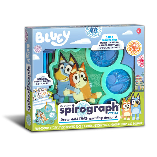 Spirograph Cyclex Bluey drawing kit cover showing spiral art tools for kids