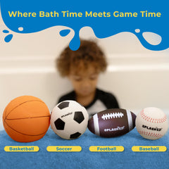 SplashEZ four-sport-balls bath set highlights kid-sized grip for bath time play.