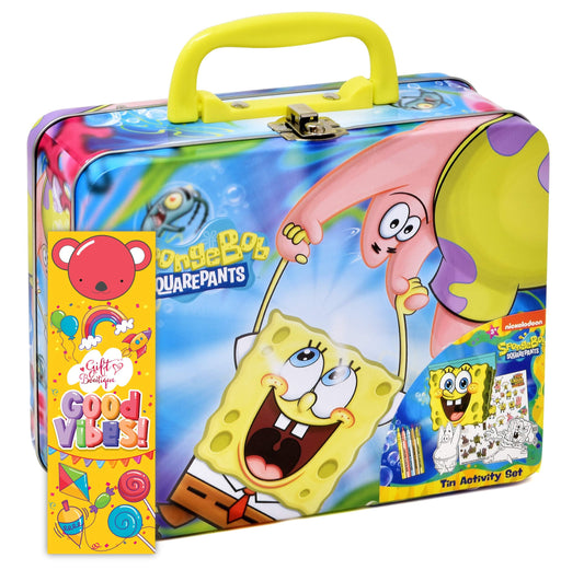 SpongeBob Squarepants coloring tin box front view for kids, ideal travel craft