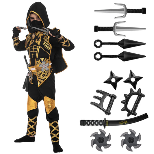 Spooktacular Creations Golden Ninja jumpsuit with hood, comfy for kids' Halloween cosplay.