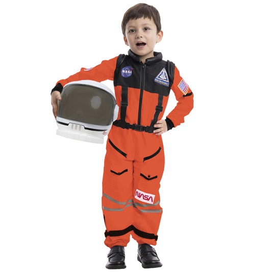 Spooktacular Creations orange astronaut helmet for kids, easy to wear during pretend play.