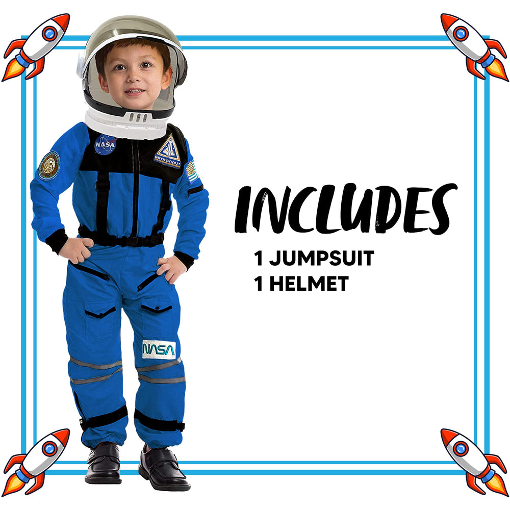 Spooktacular Creations blue costume with USA flag patches and logo embroidery.