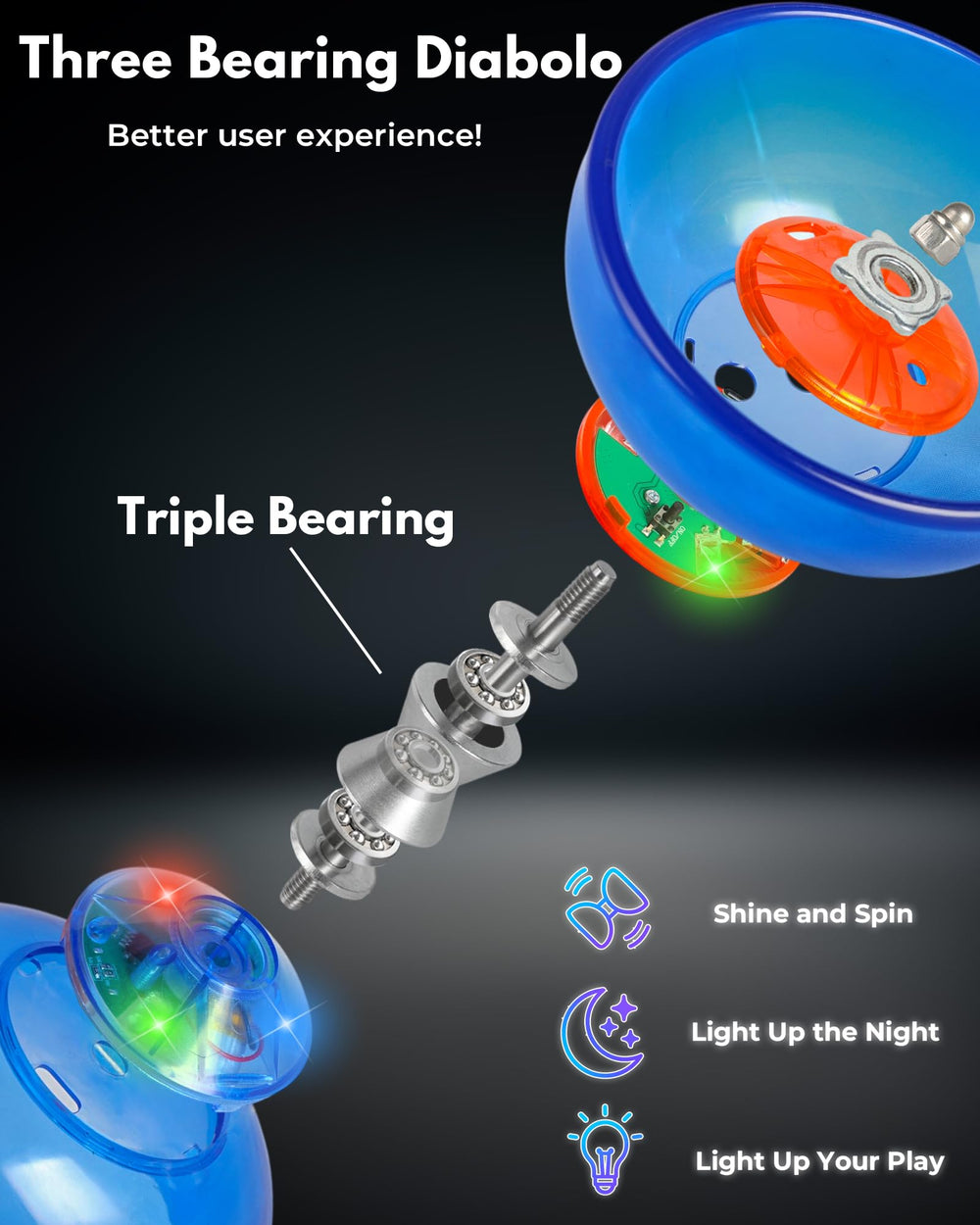SPORTY PLAY Triple-Bearing Diabolo enables smoother spins and precise control during tricks.
